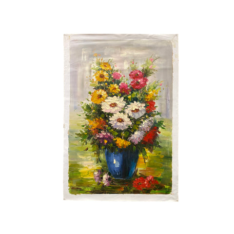 Impasto-Oil-Paint-Canvas-Art-Blossom-Flowers-Vase-Scroll-Painting