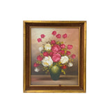Oil Paint Canvas Art Pink White Blossom Roses Gold Color Frame Painting ws3453S