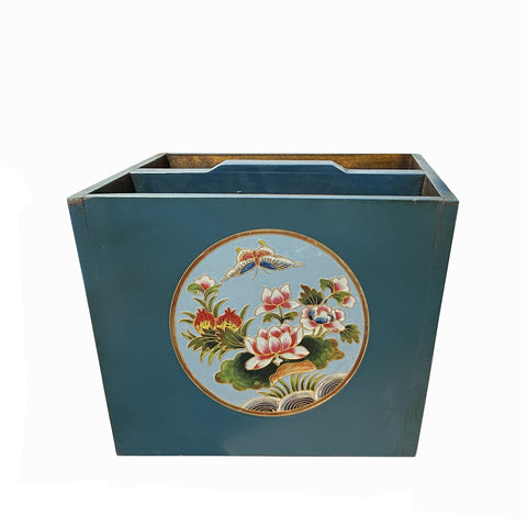 Chinese Wood Square Pastel Blue Lotus Graphic Handle Bucket ws3508S