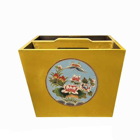 Chinese Wood Square Distressed Yellow Lotus Graphic Handle Bucket ws3509S