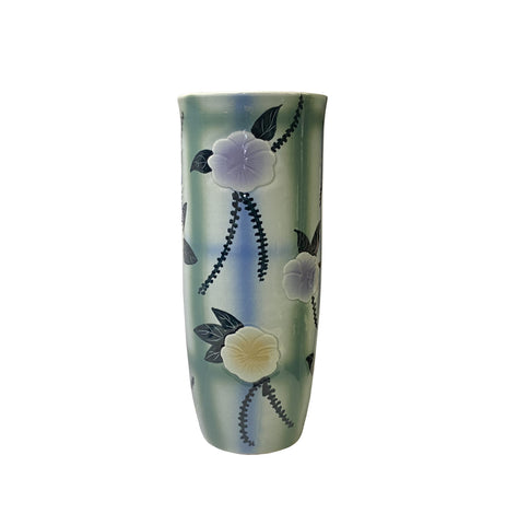 Artistic Flower Blue Green Checker Cross Porcelain Tall Slim Round Vase ws3513S
