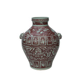 Vintage Copper Red Phoenix Flower Graphic Foo Dog Ear Ceramic Fat Pot Vase ws3521S