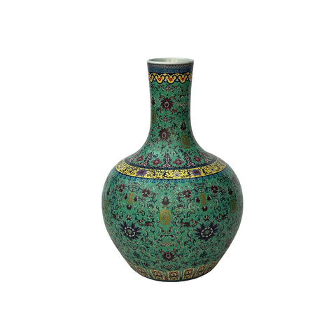 Vintage Chinese Turquoise Ceramic Enamel Flower Birds Theme Fat Vase ws3532S