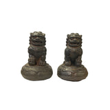 Pair Rustic Chinese Iron Foo Dog Lion on Round Base FengShui Figures ws3543S