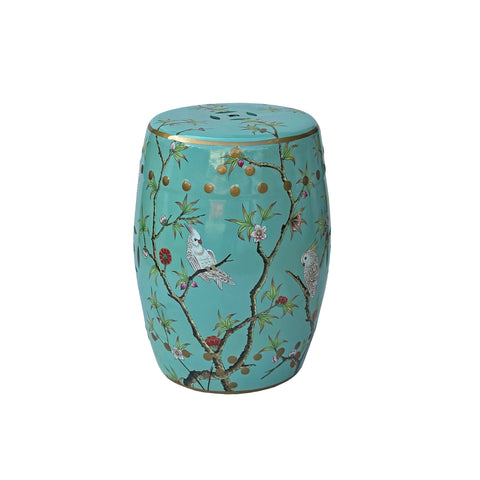 Turquoise Teal Green Porcelain Flower Parrot Round Barrel Stool Table ws3546S