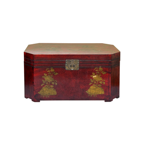 Vintage Distressed Brick Red Veneer Dragons Oriental Trunk Table ws3555S