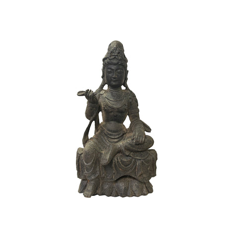 13.5" Iron Rustic Sitting Bodhisattva Kwan Yin Tara Lotus Buddha Statue ws3574S