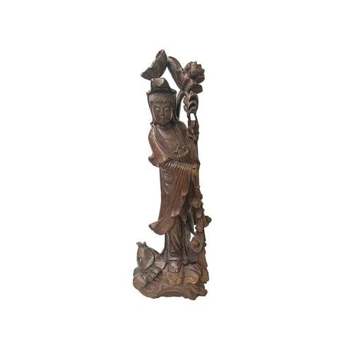 Vintage Chinese Boxwood Handcarved Lotus Fish Bodhisattva Guan Yin Statue ws3582S