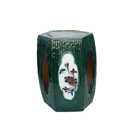 Asian Hexagon Green Open Window Flower Bamboo Motif Clay Garden Stool Table ws3591S