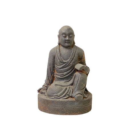 12" Iron Rustic Sitting Lohon Monk Study Reading Meditation Statue ws3621S