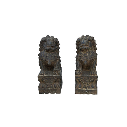 15" Pair Chinese Rustic Stone Fengshui Foo Dogs Lions Statue ws3625CS