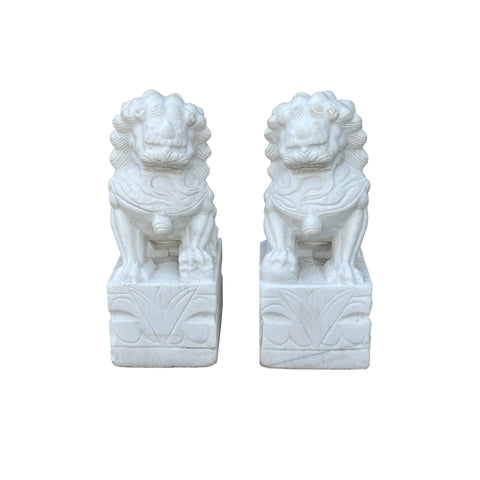 Pair Chinese White Marble Stone Fengshui Foo Dogs Lions Statue ws3626S