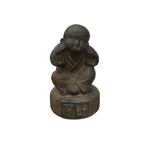 Oriental Gray Stone Little Lohon Monk Covering Ears Statue ws3627S