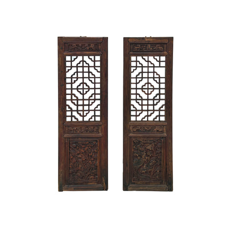 Pair Chinese Vintage Restored Wood Brown Flower Carving Wall Hanging Art ws3648S
