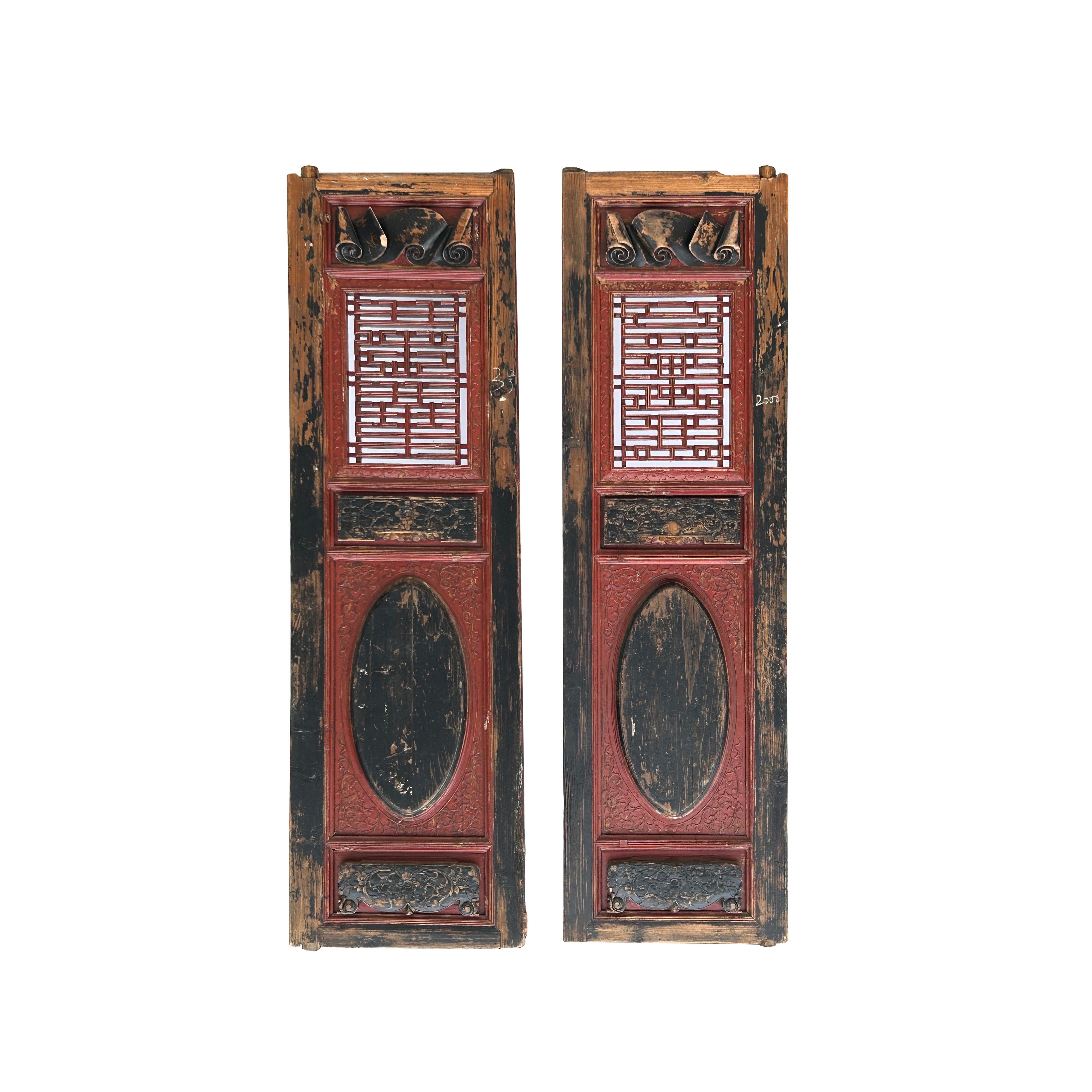 Pair of Hand-Crafted  Restored Vintage Chinese Wood Wall Panels - Carved Motifs in Red, Green, and Gold ws1614S