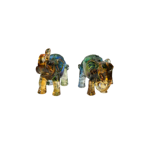 Pair Mixed Color Crystal Glass Fengshui Fortune Trunk Up Elephant Statues ws3665S