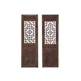 Pair Chinese Vintage Restored Wood Brown Flower Carving Wall Hanging Art ws3671S