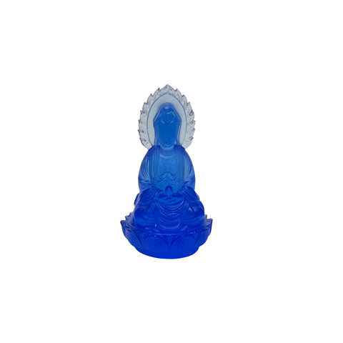 4" Deep Blue Crystal Glass Sitting Lotus Two Faces Bodhisattva Buddha ws3681S