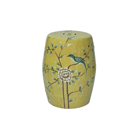 Distressed Yellow Porcelain Flower Birds Round Barrel Stool Table ws3692S