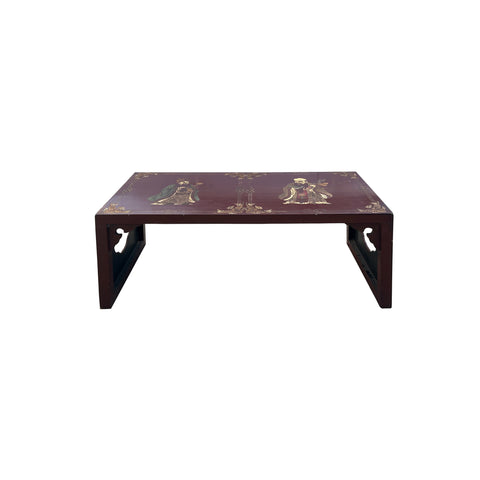 Vintage Chinese Brick Red Lacquer Deity Inlay Graphic Low Kang Coffee Table ws3705S