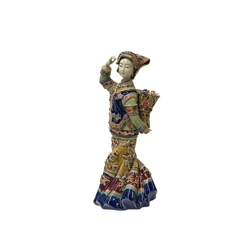 Chinese Porcelain Qing Style Dressing Tribal Basket Lady Figure ws3715S
