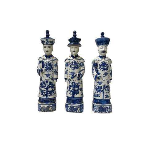 15.5" Chinese Blue White 3 Standing Ching Qing Emperor Kings Figure Set ws3724S