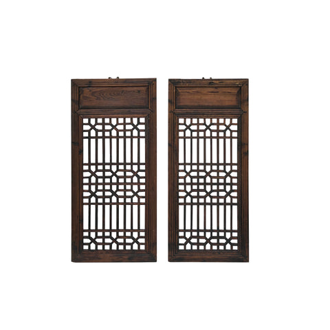 Pair Chinese Vintage Restored Wood Geometric Pattern Brown Wall Hanging Art ws3753S