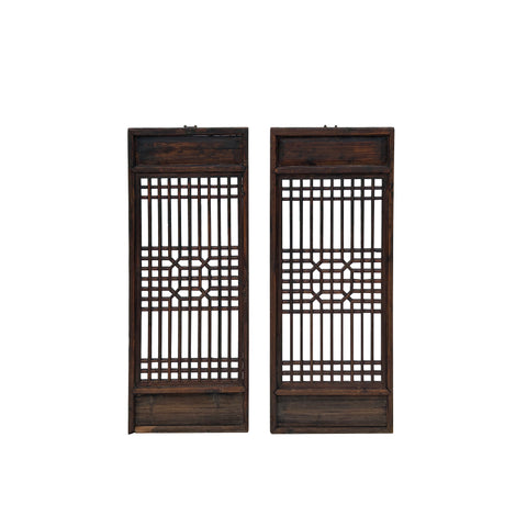 Pair Chinese Vintage Restored Wood Geometric Pattern Brown Wall Hanging Art ws3755S