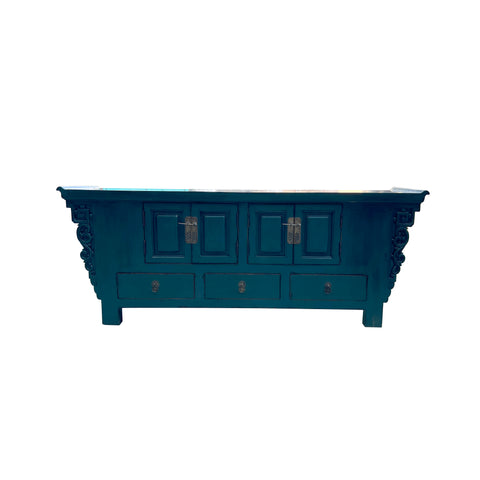 Oriental Distressed Rustic Teal Blue Low TV Console Table Cabinet ws3763S