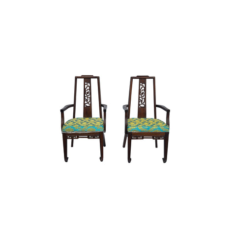 Pair Chinese Brown Wood Ancient Dragon Motif Back Panel Armchairs ws3777S