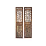 Pair Oriental Bats Floral Geometric Pattern Tall Wood Door Panel Screen ws3771S