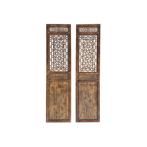 Pair Oriental Bats Floral Geometric Pattern Tall Wood Door Panel Screen ws3772S