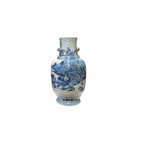 Vintage Chinese Crackle Ceramic Blue White Hand-painted Scenery Vase ws3778S