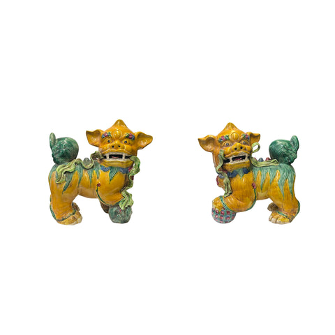 Pair Vintage Chinese Yellow Green Ceramic Fengshui Foo Dog Lion Figures ws3786S