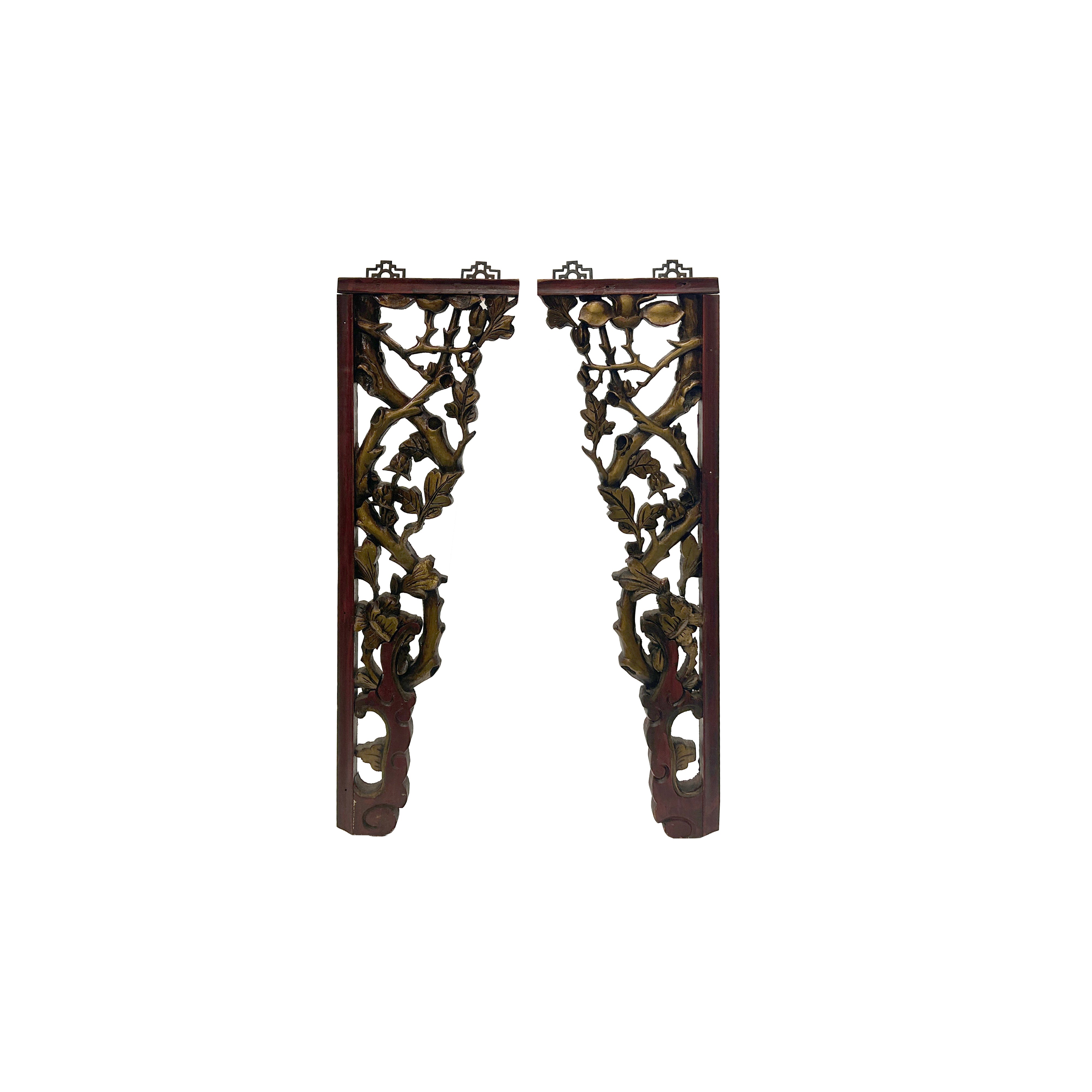 Pair of Hand-Crafted  Restored Vintage Chinese Wood Wall Panels - Carved Motifs in Red, Green, and Gold ws1614S