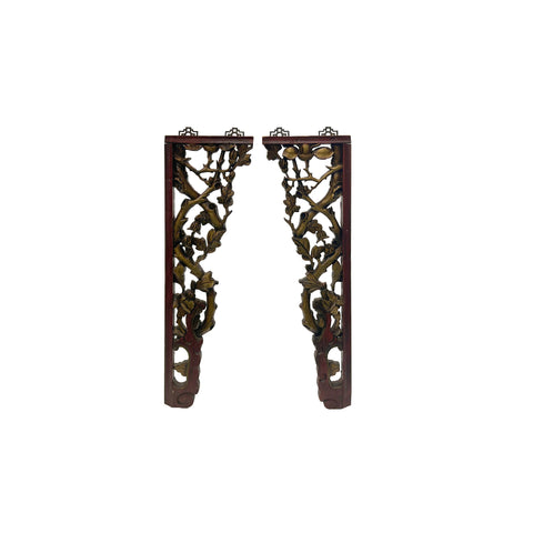 Pair Chinese Vintage Golden Flower Carving Corner Shape Wood Wall Art ws3787S