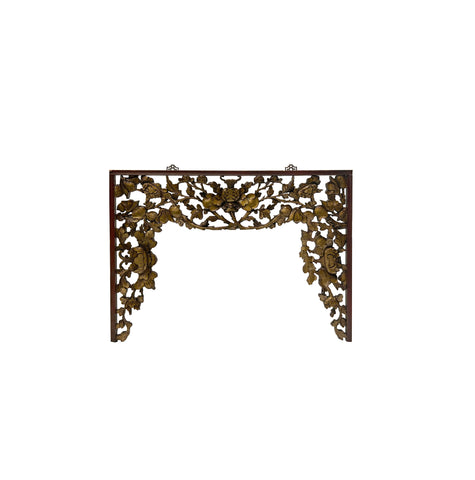 Chinese Vintage Golden Relief Flower Carving Arch Shape Wood Wall Art ws3790S