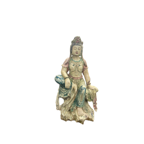Vintage Chinese Color Paint Wood Rest Leg Bodhisattva Guan Yin Statue ws3793S