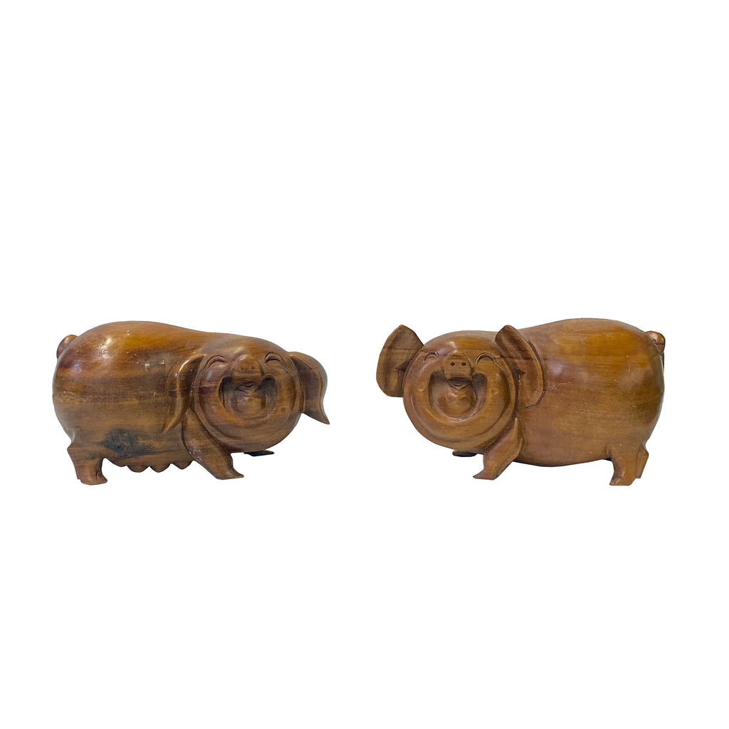 Chinese Pair Natural Wood Carved FengShui Happy Face Piggy Figures ws3794S Chinese Pair Natural Wood Carved FengShui Happy Face Piggy Figures ws3794S