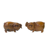 Chinese Pair Natural Wood Carved FengShui Happy Face Piggy Figures ws3794S