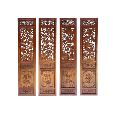 4 Pcs Chinese Brown Stain Lotus Pond Ducks Fishes Wood Panel Floor Screen ws3799S