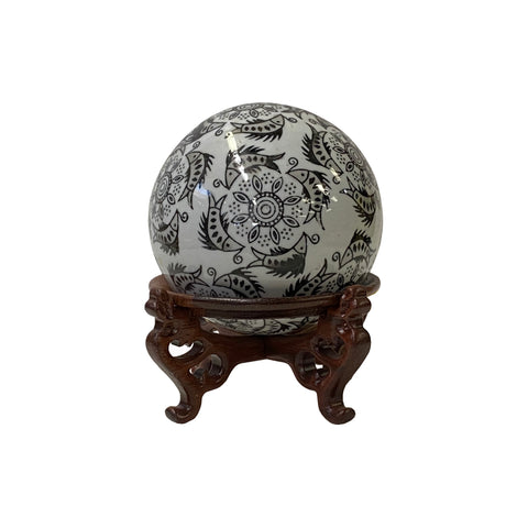 White Base Black Artistic Fishes Floral Porcelain Round Ball Display Art ws3806S