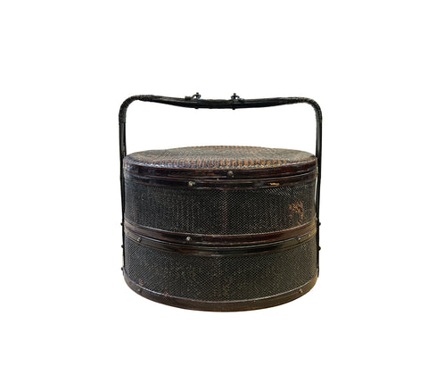Large Vintage Oriental Handmade Brown Rattan Stack Basket with Handle ws3839S