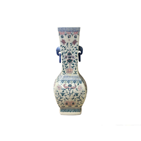 Vintage Oriental Porcelain White Blue Pink Color Flower Bats Graphic Art Vase ws3847S