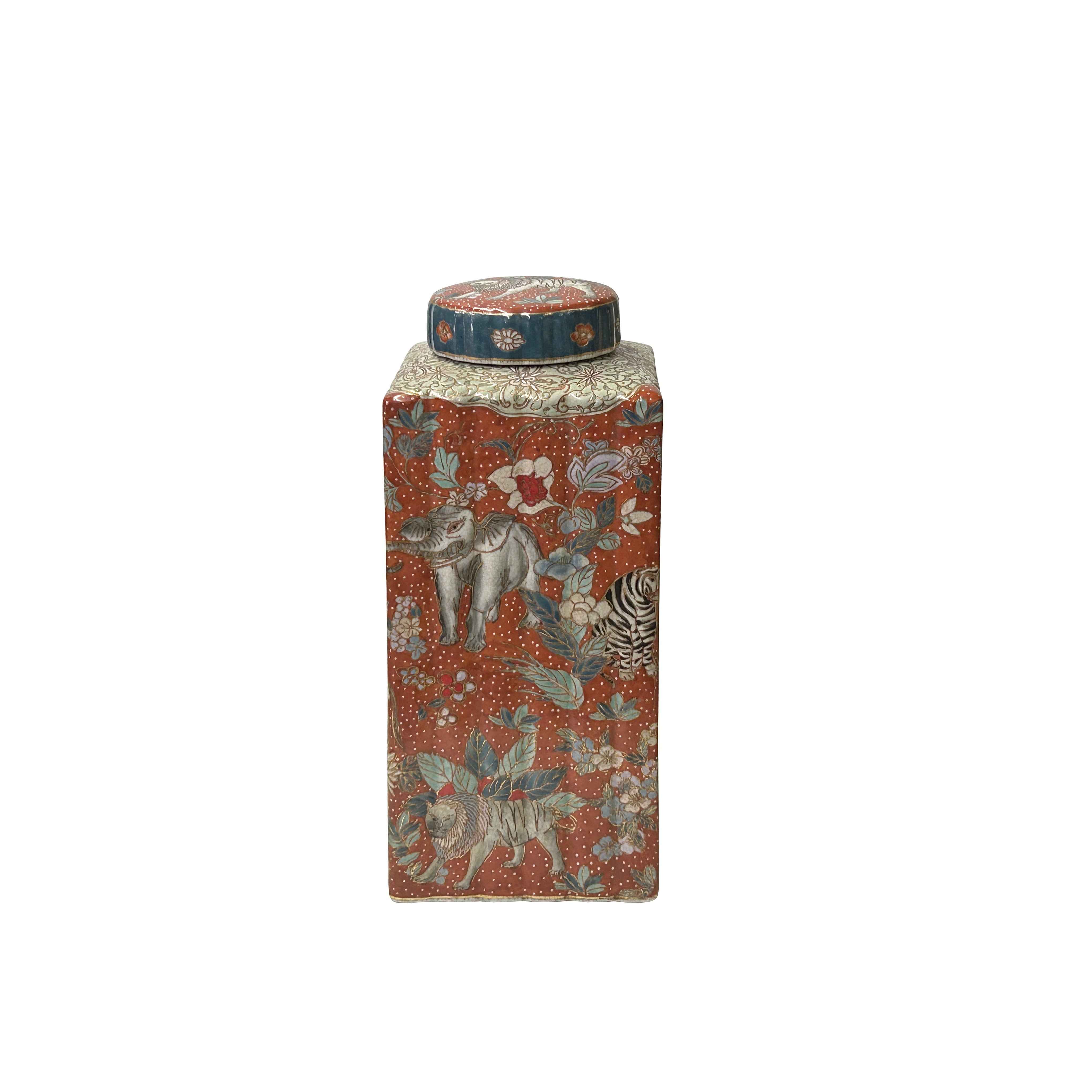Oriental Vintage Maroon Red Animal Graphic Square Column Shape Porcelain Jar ws3854S