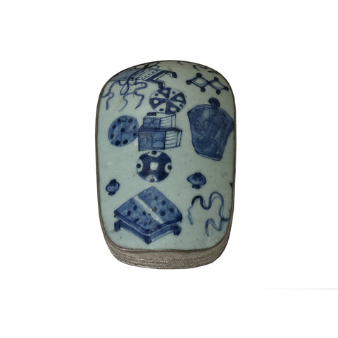 Chinese Old White Base Blue Treasure Graphic Porcelain Art Pewter Box ws3877S
