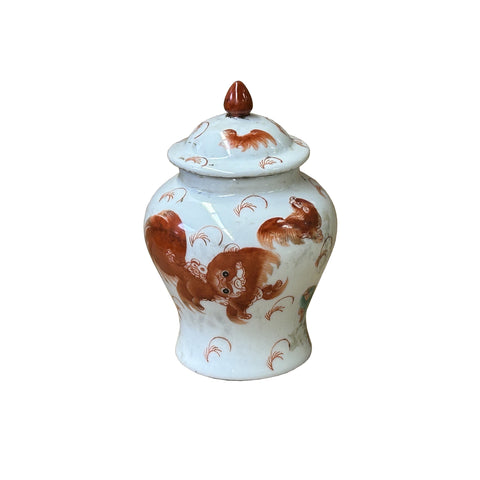 Oriental Vintage White Base Orange Foo Dog Lion Graphic Porcelain Jar ws3913S