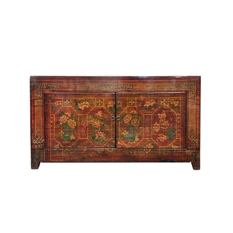 Vintage Orange Red Brown Floral Graphic Credenza Sideboard Cabinet ws4314S