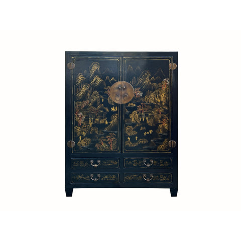 Vintage Chinese Black Golden Scenery Storage Armoire Wardrobe Cabinet Golden Lotus Antiques Vintage Chinese Black Golden Scenery Storage Armoire Wardrobe Cabinet Golden Lotus Antiques