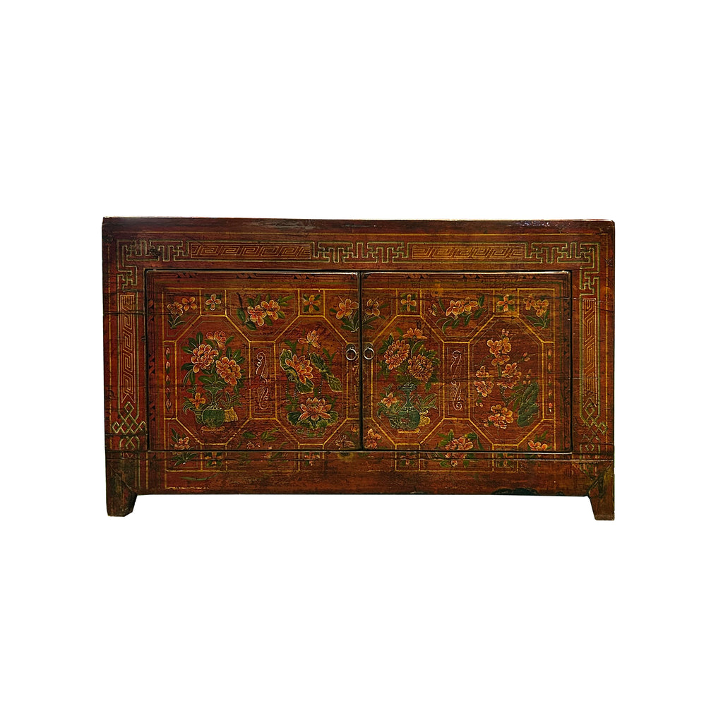 Vintage Chinese Orange Red Brown Floral Graphic Credenza Sideboard Cabinet ws4314S